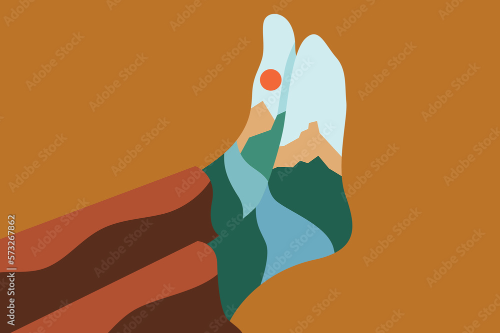 Creative travel concept. Printed socks with a landscape mountains, river, sky and the sun. Illustrations