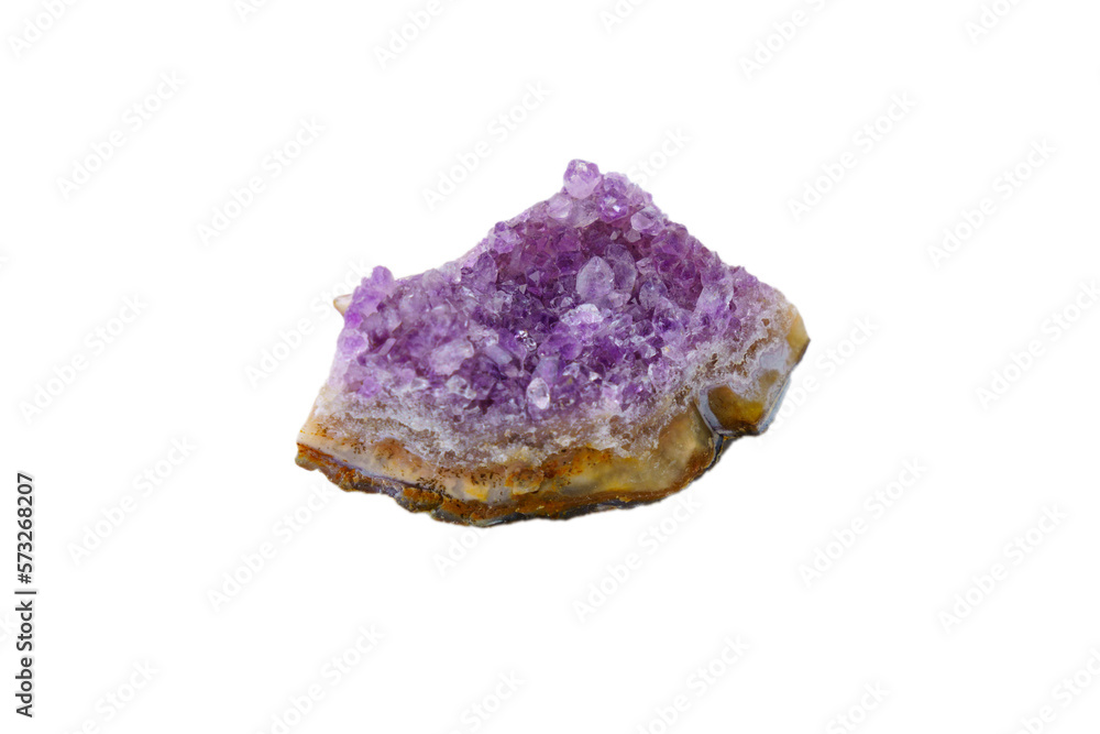 Crystal stone is a mineral. Purple rough amethyst quartz crystals, isolated on white background