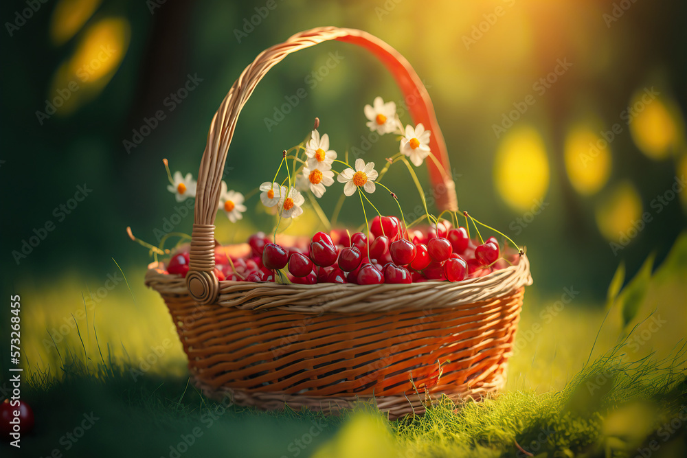 Sweet red pulpy cherries in a wicker basket on a beautiful flower garden background. Fresh and healthy organic food.Selective focus. Sunny summer nature. AI generative. Sweet red pulpy cherries in a wicker basket on a beautiful flower garden background. Fresh and healthy organic food.Selective focus. Sunny summer nature. AI generative.