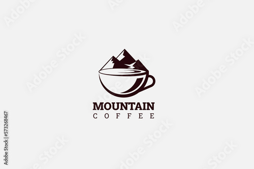 Mountain Coffee Logo Template. Abstract Coffee Cup With A Mountain Sign Vintage Logo Design Inspiration.
