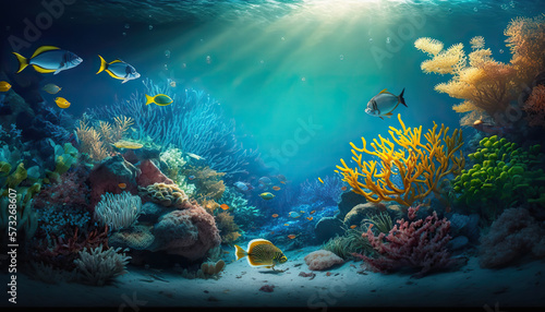 Beautiful underwater ocean bottom scene. Abstract marine background with copy space. AI generative image. © vlntn