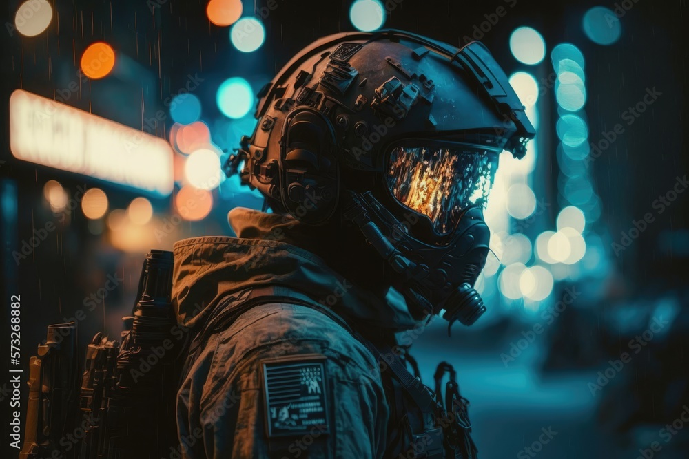 A futuristic soldier with a helmet in the night generative ai