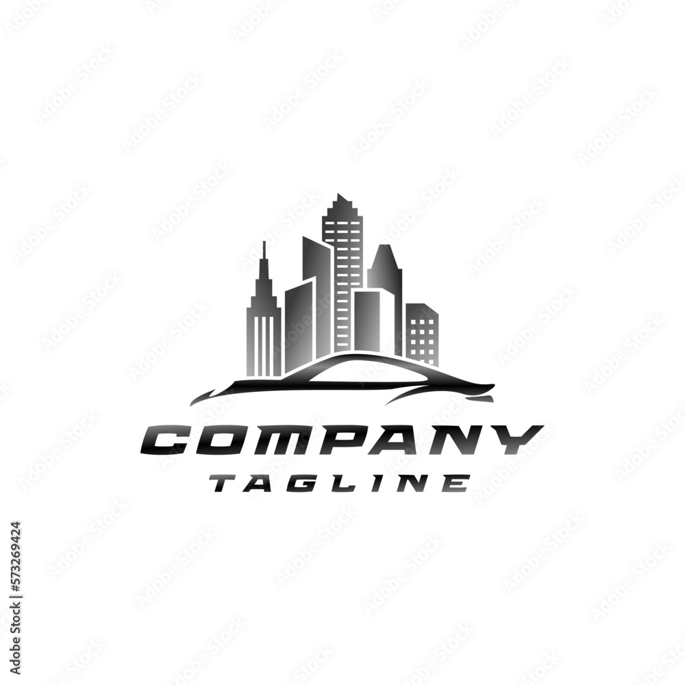 Simple City Car Silhouette Logo Design. Sports Car Silhouette With Skyscrapers Background Logo Design.