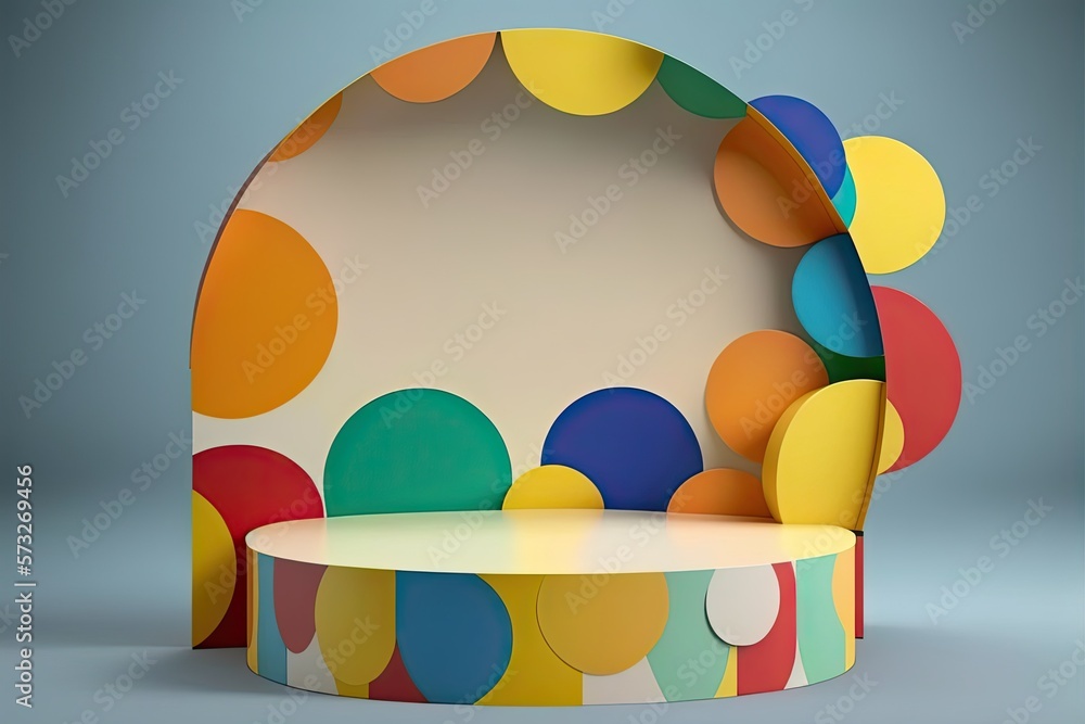 Fototapeta premium Abstract multicolored empty pop art product podium display. Showcase template. AI generative image.