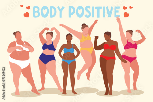 I love my body. Body positive, plus size girl, overweight woman stretching. For Fat acceptance movement, curvy girl in swimwear, bathing suits. Vector illustration.