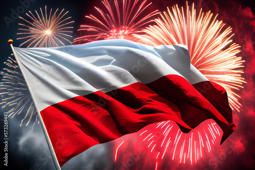 Flag of Poland and Holiday fireworks in majestic sky of National Independence day