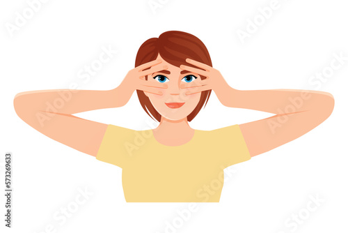 a girl with a short haircut in a yellow t-shirt does facial fitness exercises