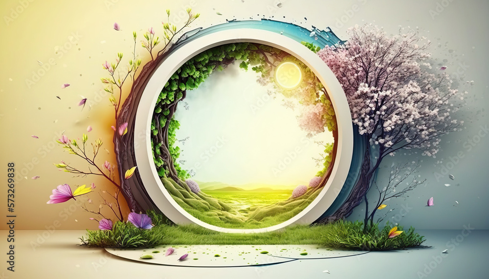 Beautiful enchanted landscape. Fantasy garden background. Magic meadow with spring blooming trees. Round door in the middle. Fairy tale banner. AI generative image. - obrazy, fototapety, plakaty 