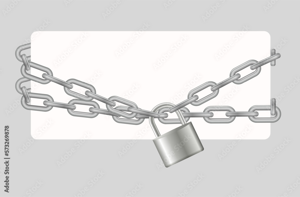 Padlock and chain. Gray metal chain and padlock, handcuffed card, vector