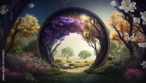 Beautiful enchanted landscape. Fantasy garden background. Magic meadow with spring blooming trees. Round entrance with copy space in the middle. Fairy tale banner. AI generative image.