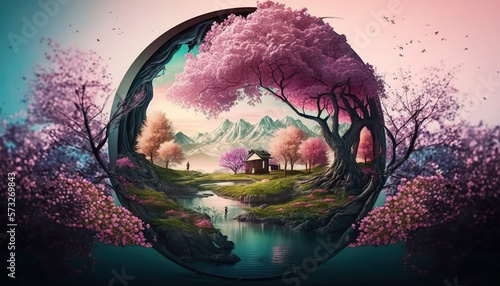 Beautiful enchanted landscape. Fantasy garden background. Magic meadow with spring blooming trees. Round frame with copy space in the middle. Fairy tale banner. AI generative image. © vlntn
