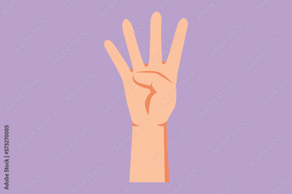 Cartoon flat style drawing hand count number four. Learn to count numbers. Hand gesture for human education. Nonverbal signs or symbols. Counting starts from four. Graphic design vector illustration Cartoon flat style drawing hand count number four. Learn to count numbers. Hand gesture for human education. Nonverbal signs or symbols. Counting starts from four. Graphic design vector illustration