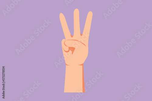 Graphic flat design drawing hand gesture with third place symbol. Number three hand count. Learn to count numbers. Concept of education for children. Nonverbal signs. Cartoon style vector illustration