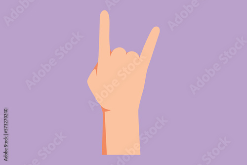 Graphic flat design drawing rock on gesture symbol. Heavy metal hand gesture. Nonverbal signs or symbols. Hand variation shape concept. Rock n roll band music icon. Cartoon style vector illustration