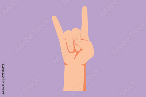 Character flat drawing rock on gesture symbol. Heavy metal hand gesture. Nonverbal signs or symbols. Hand variation shape concept. Rock n roll band music icon style. Cartoon design vector illustration