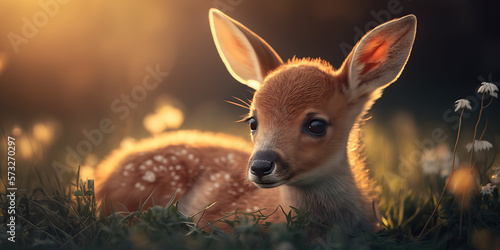 Adorable fawn lying down on a sunny lawn. Cute forest deer baby. Wild life illustration with copy space. AI generative image. © vlntn