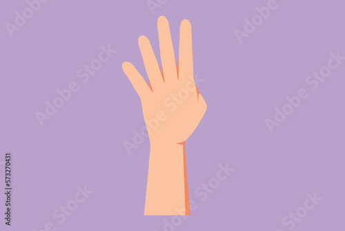 Cartoon flat style drawing hand count number four. Learn to count numbers. Hand gesture for human education. Nonverbal signs or symbols. Counting starts from four. Graphic design vector illustration