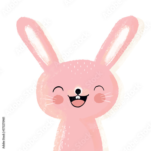 Cute Pink Happy Rabbit. Hand Drawn Easter Vector Illustration with Pink Funny Bunny isolated on a White Background. Easter Holidays Print with Lovely Rabbit ideal for Card, Wall Art, Sticker, Banner.