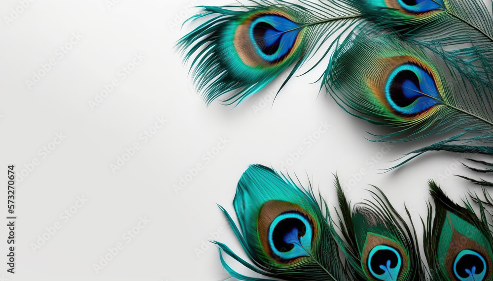 Obraz premium Horizontal solid white banner with beautiful shiny peacock feathers and clean copy space. AI generative image.