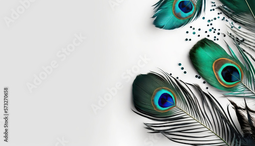 Horizontal solid white banner with beautiful shiny peacock feathers and clean copy space. AI generative image.