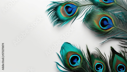 Horizontal solid white banner with beautiful shiny peacock feathers and clean copy space. AI generative image.