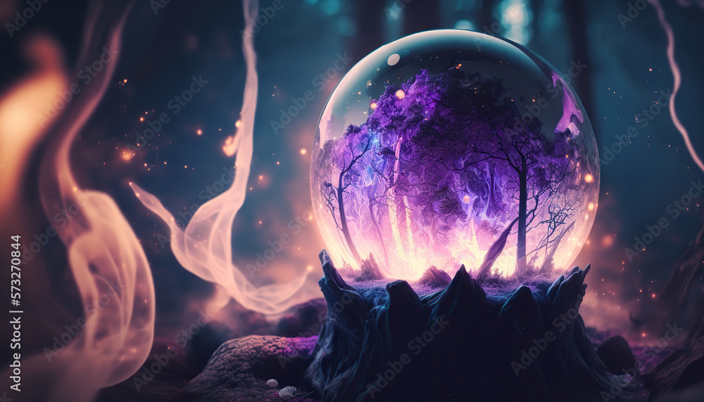 Illustration of magic crystal ball or glowing fortune teller sphere. Mystic background concept. AI generative image.