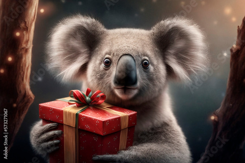 Koala sits between Christmas presents on Christmas Eve AI generated Content
