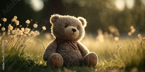 Cute teddy bear toy on a sunny lawn with flowers. Childhood concept. AI generative image. © vlntn