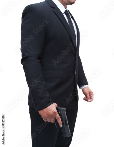 A bodyguard wearing a black suit holds a pistol. On transparent background, PNG file.