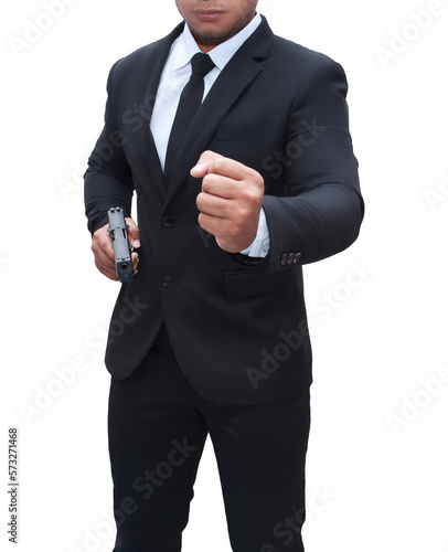 The bodyguard was wearing a black suit and holding a pistol. On transparent background, PNG file.