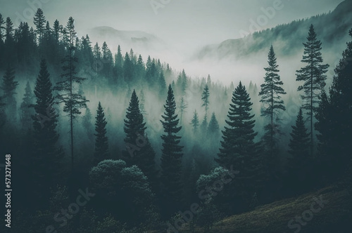 Mysterious foggy forest landscape with trees and hills