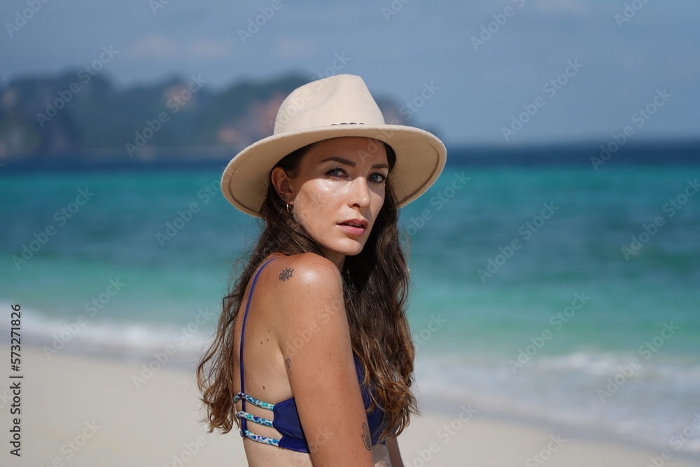 woman on the beach in krabi thailand, poda island, model shooting