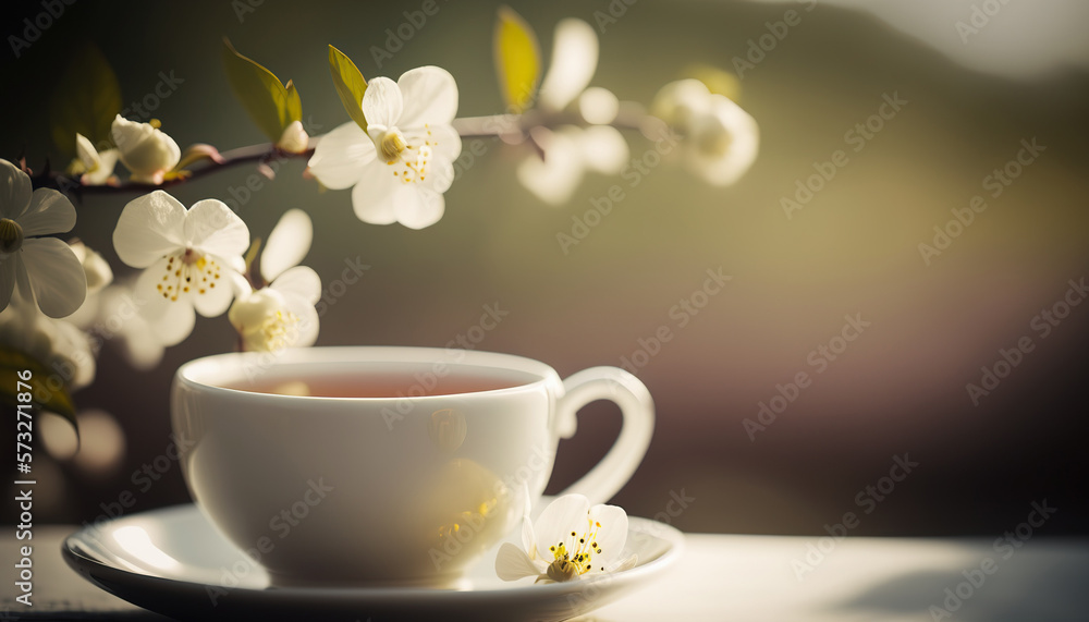 Herbal green tea, hot healthy beverage concept. Banner with copy space. Beautiful still life. AI generative image. Herbal green tea, hot healthy beverage concept. Banner with copy space. Beautiful still life. AI generative image.