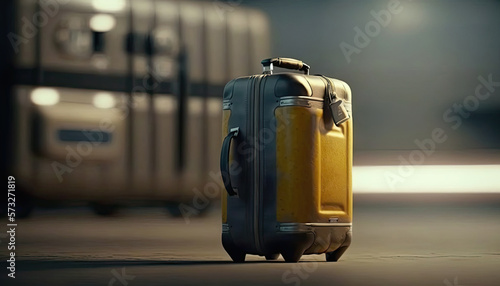 Close up travel luggage on blurred airport or station background with copy space. Big suitcase with wheels. AI generative image.