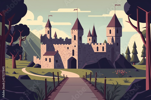 Tela Medieval castle illustration flat cartoon style