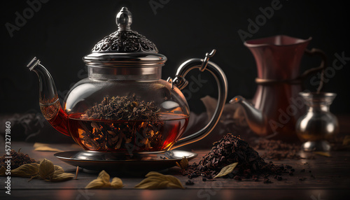 Close up hot tasty black tea, traditional breakfast drink. Dark indoor background. AI generative image.