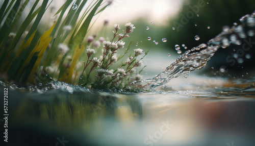 Beautiful spring detailed close up stream of fresh water with young green plants. Horizontal banner  springtime concept. Abstract outdoor wild nature background. AI generative image.