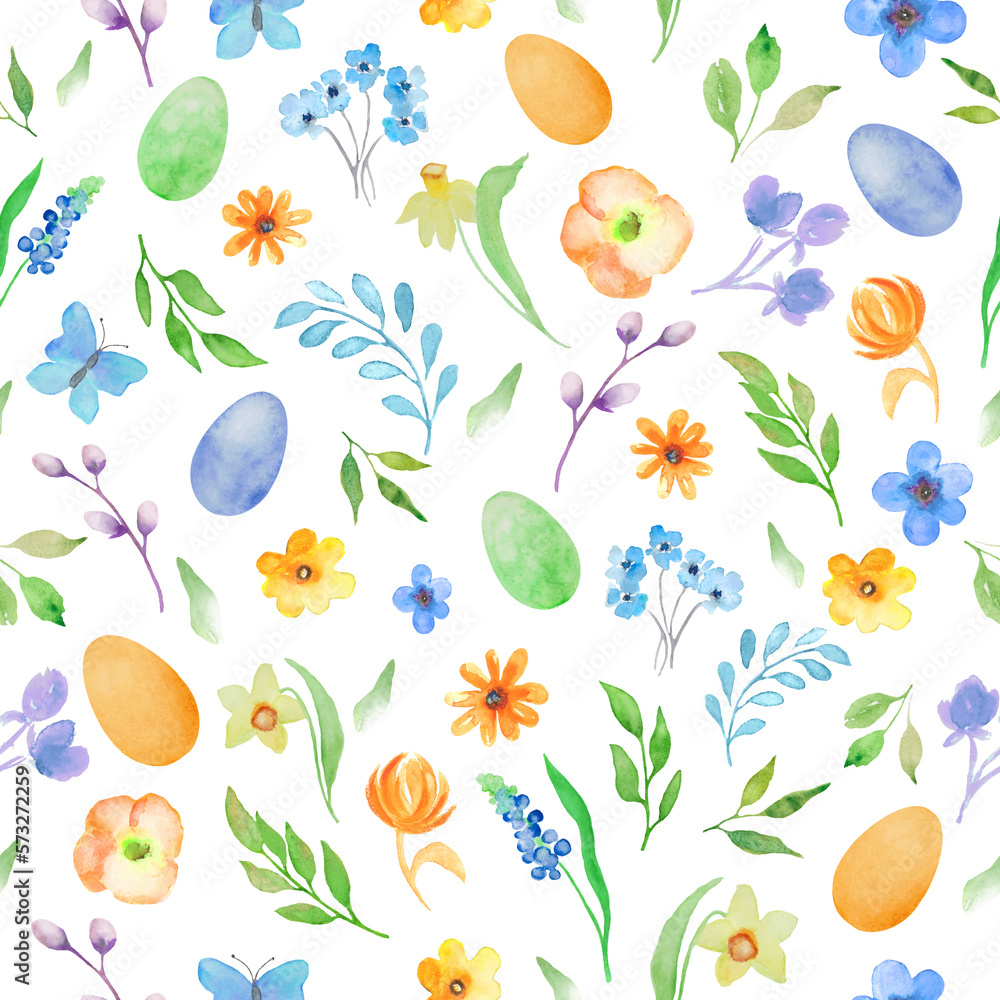 Watercolor Easter seamless pattern on white background.  Painted colorful eggs, spring flowers, butterflies and foliage. Hand drawn illustration. For holiday wrapping, packaging, print.