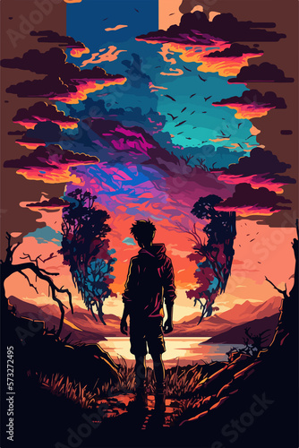A young boy in love scanning the horizon. Manga style paintings  drawings  and anime. Generative AI 