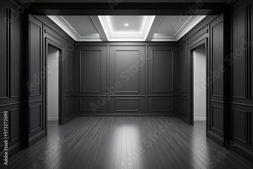 Interior of a modern classic black vacant space with wooden flooring and wall panels generative ai