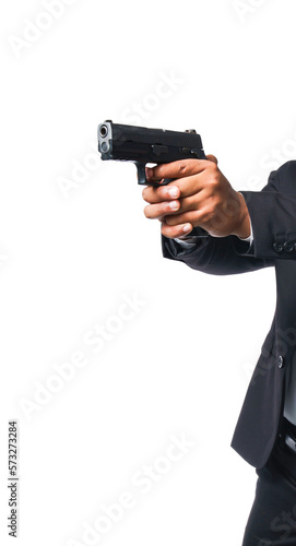 The bodyguard was wearing a black suit and holding a pistol. On transparent background, PNG file.