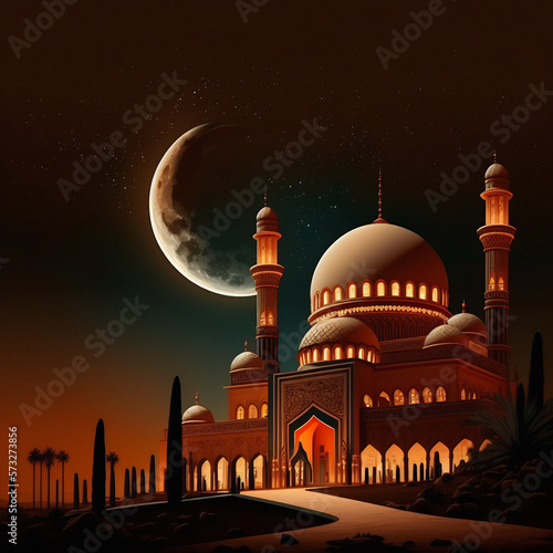 Mosque with orange at night with relaxing sky and moon recite, Generative Ai
