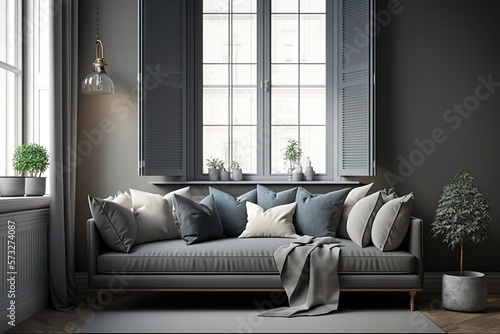 Grey sofa with pillows near window in stylish living room interior