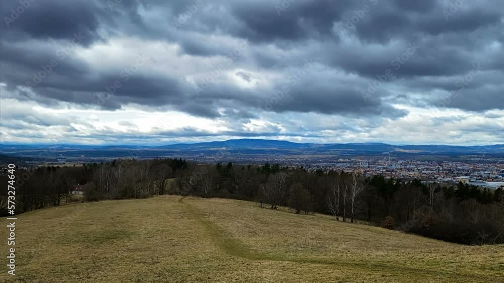 Cloud timelapse above city Ceske Budejovice from hill. Czech landscape, weather background Cloud timelapse above city Ceske Budejovice from hill. Czech landscape, weather background