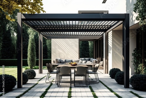 Fotografija Modern patio furniture include a pergola shade structure, an awning, a patio roo