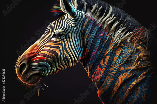 Zebra Porträt mit bunten Farben und Naturmaterialien, generative AI