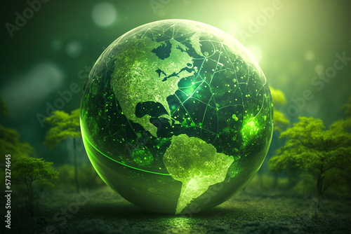 grüne gläserne Welt Kugel im natürlichen Hintergrund, generative AI © Jenny Sturm