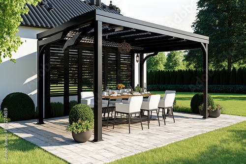 Fotografia Modern patio furniture include a pergola shade structure, an awning, a patio roo