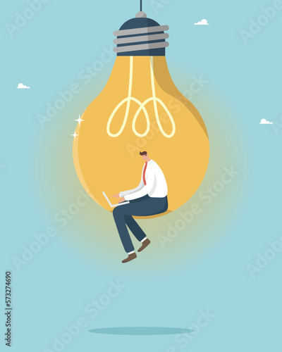 Brainstorming a new idea to solve a working problem, success in discovering a new innovative idea. Business solution concept. Businessman with a laptop.