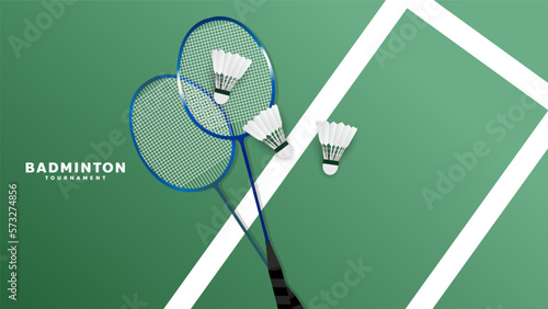 Badminton racket with white badminton shuttlecock on white line on background ,Illustrations for use in online  badminton sporting events  ,  illustration Vector EPS 10 photo